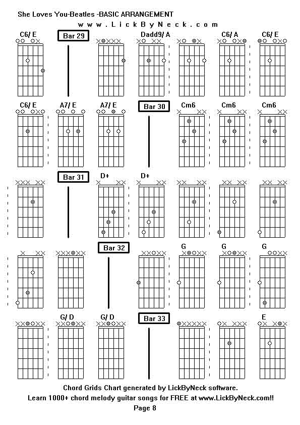 Chord Grids Chart of chord melody fingerstyle guitar song-She Loves You-Beatles -BASIC ARRANGEMENT,generated by LickByNeck software.